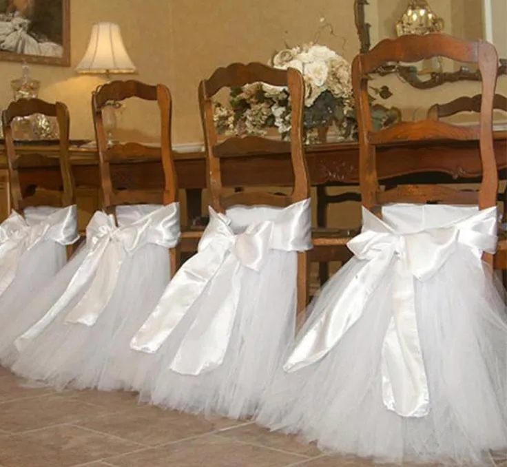 2021 satin tulle tutu stol täcker vintage romantisk stol sashes vackra mode bröllopsdekorationer