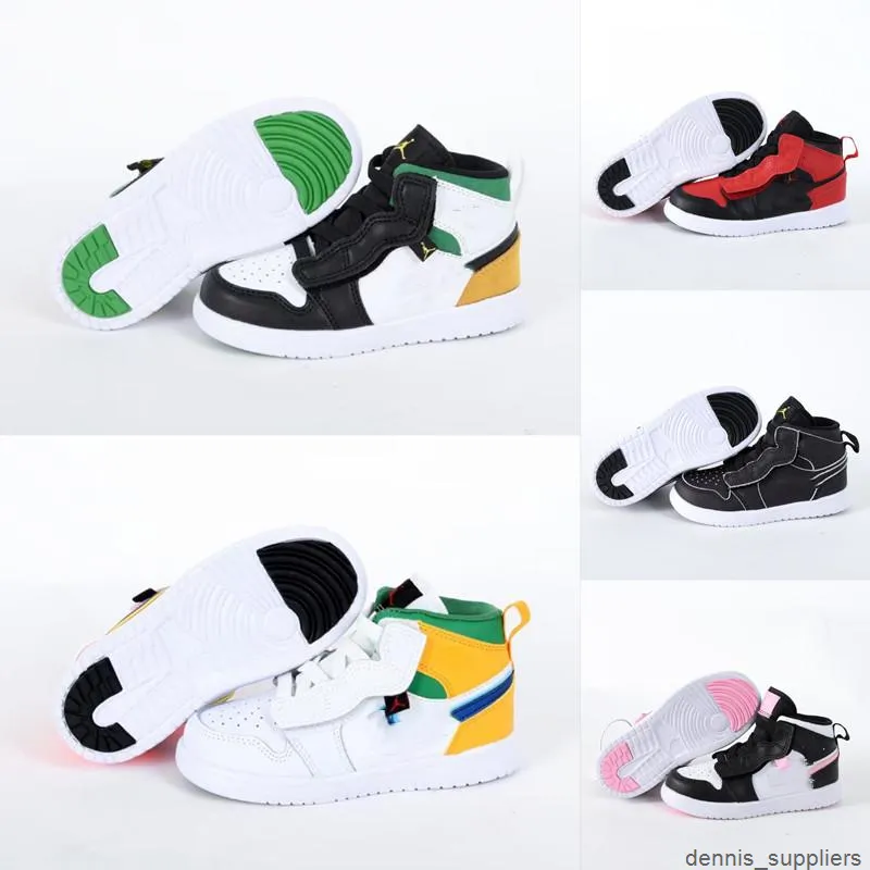 Kids Boy Girl Casual 1s Basketball Shoes Velcro Color Matching Sports Sneakers Red And Black