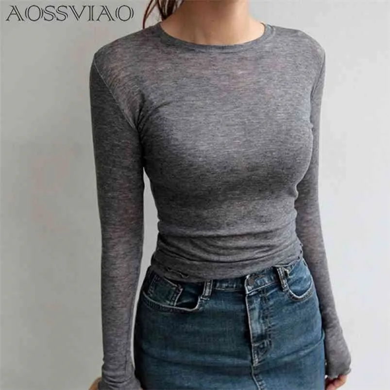 Slim alta qualidade planície t camisa mulheres algodão elástico t-shirts feminino casual tops manga longa sexy t-shirt fina ver através de 210819