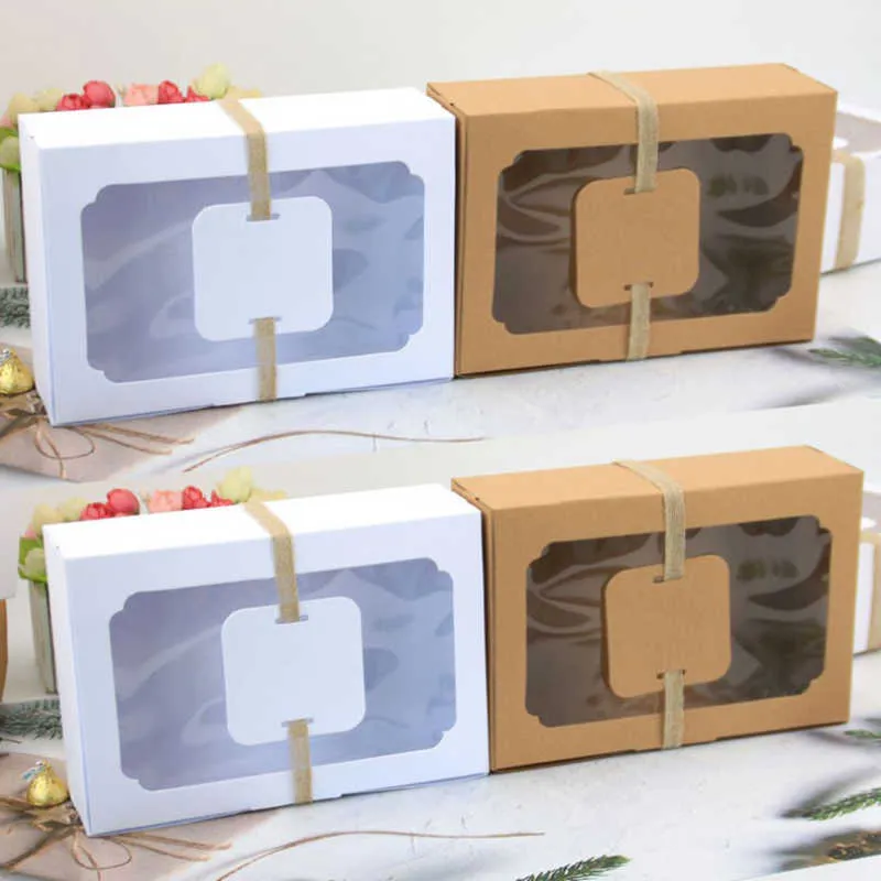 12pcs Kraft Paper Candy Box Favor Gift Box PVC Clear Window Cookies Treats Boxes Christmas Year Wedding Party Decoration 210724