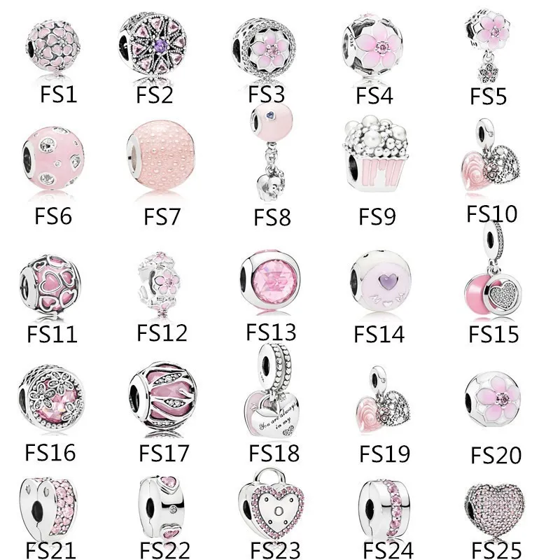 Ny 925 Sterling Silver Rosa Serie Persika Blossom Magnolia Charm Pärlor Fit Pandora Armband för Kvinnor Smycken DIY Making