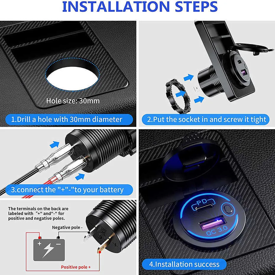 Thlevel Caricabatterie Auto USB QC3.0 Doppia Porta Con Voltmetro LED E Interruttore Per 12V/24V Camper Barca - 4