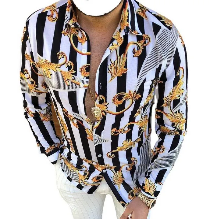 Plus Tailles Tailles 3XL Hommes Casual Shirts Vintage Gold Feuille Cardigan Imprimé À Manches longues Slim Summer Hawaiian Skinny Fit Divers motif Homme Blouse