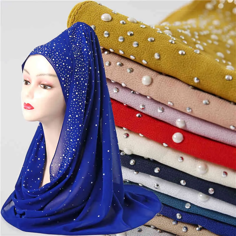 2021 Посадочный мусульманский пузырь Шифоновый шарф с жемчугом Hijab Сплошные простые головные платки Шаль WORK Malaysia Follard Bandana 22Color