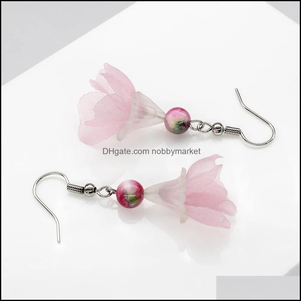 Semi-precious Stone Small Pink Flower Drop Earrings for Women Bohemian Boho Korean Fashion Jewelry Pendientes Wholesale