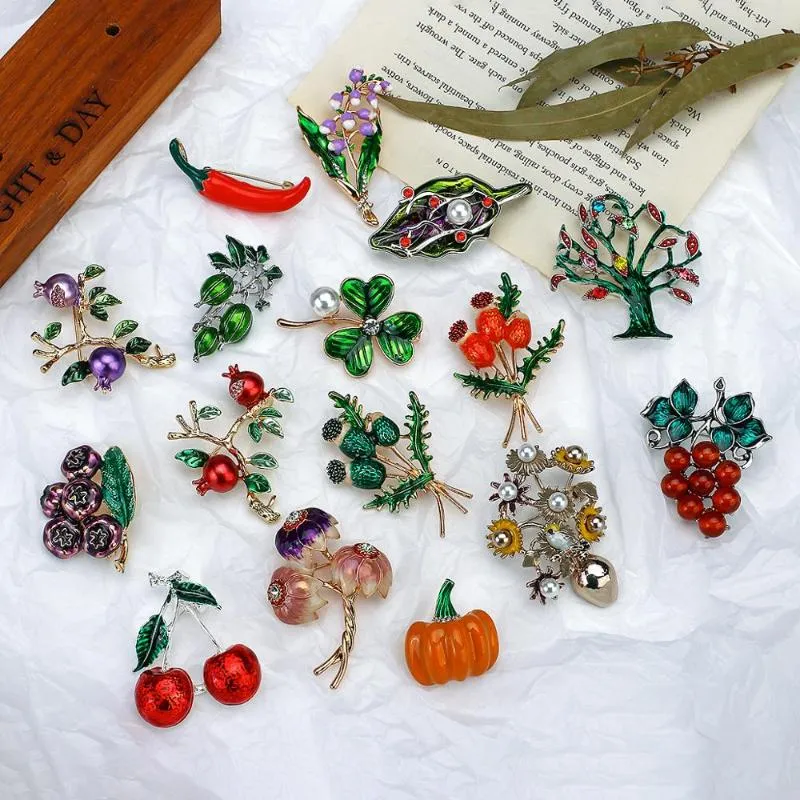 Broches, broches Amorcome Mode Émail Perles Plante Broche Arbre Feuille Cerisier Herbe Raisins pour Femmes Vêtements Écharpe Badges Bijoux Cadeau