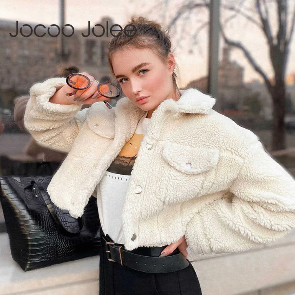 Jocoo Jolee Women Faux Lambool Fleece Jackets Autumn Winter Warm Cropped Coats and Jackets Casual Pocket Button Outerkläder 210619