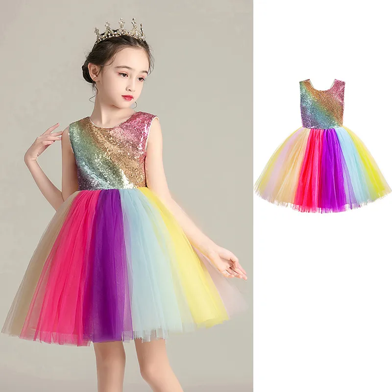 Summer Girl Rainbow Lentejuelas Tutu Vestido Colorido s Ropa Sin Espalda Sin Mangas Tul Fiesta de Cumpleaños 210515