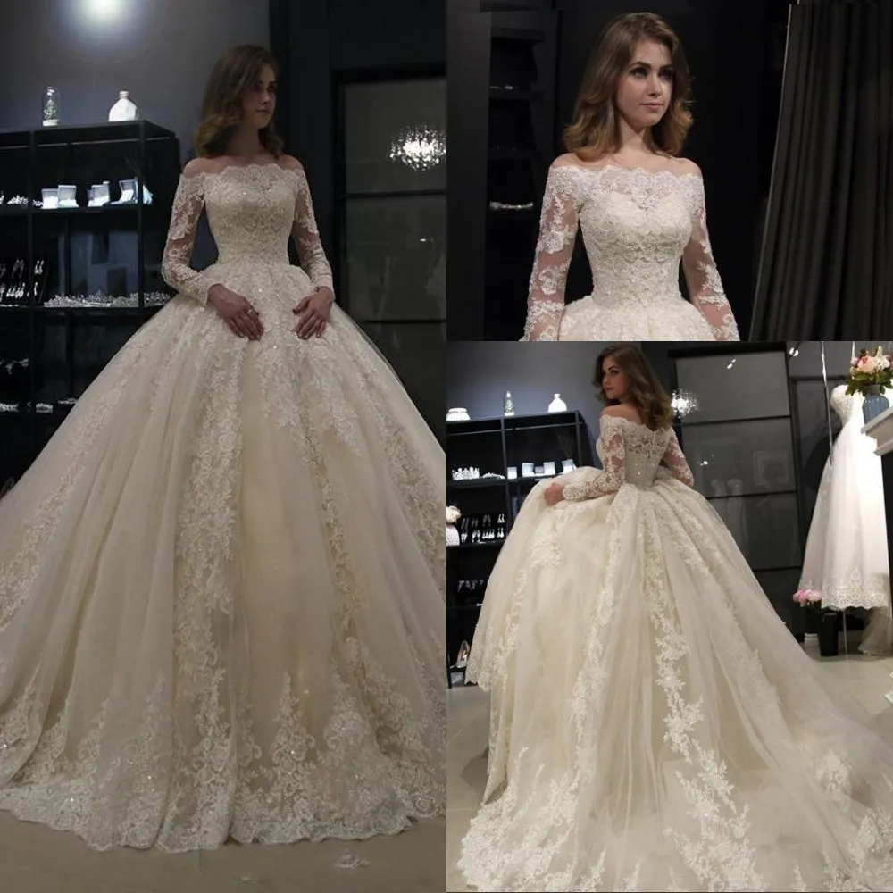 2021 Nouvelle robe d'arabe d'arabe vintage robe de mariée hors épaule dentelle Appliques cristal perlé manches longues et de robe de mariée formelle