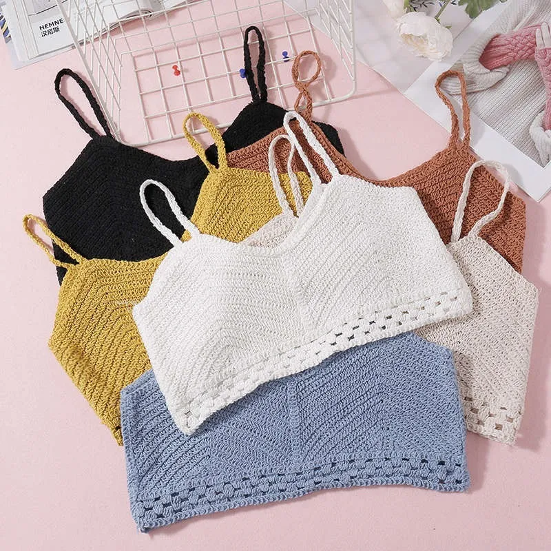 Sexig Bikini Crop Top Women Crochet Boho Beach Camisole Bikini Cami Stickad Backlbeachwear Tank Top X0507