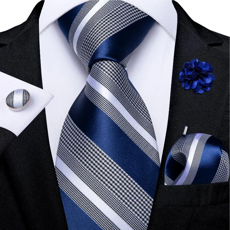 Bow Ties Blue Striped Mens Wedding Associory Necktie Clufflinks Brooch Pin Gifts for Men Wholesale Attems Business