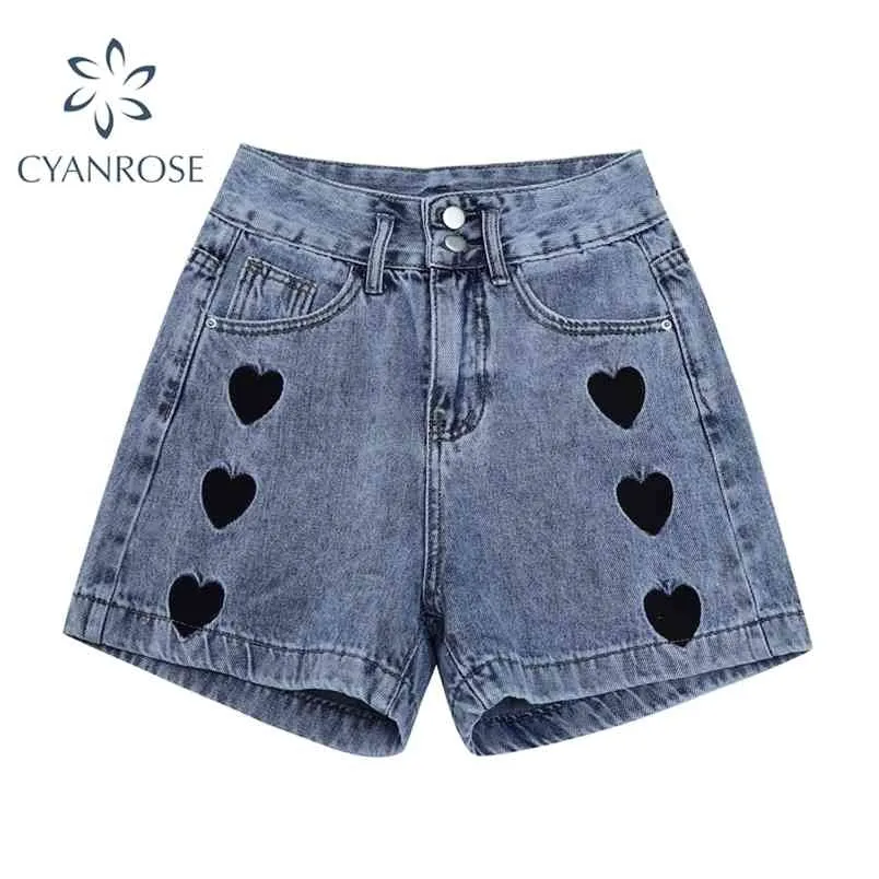 Sommar mode kvinnor hög midja knapp vintage print ben jeans shorts casual kvinnlig lös streetwear denim 210515