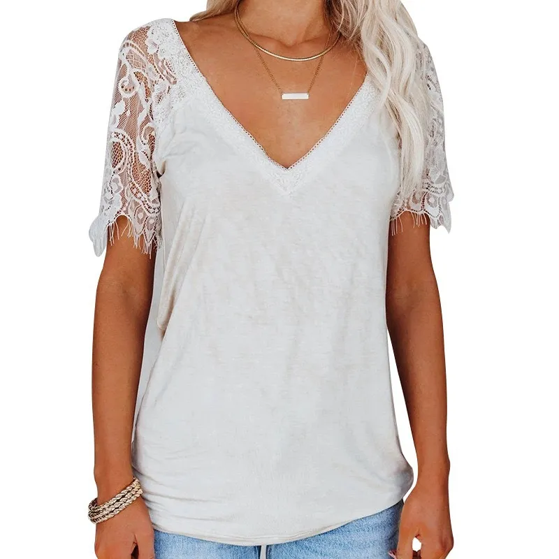 Sexy Women Summer Solid Color T-Shirts Lace Decor See Through V Neck Short Sleeve Casual Loose Pullovers Top for Streetwear