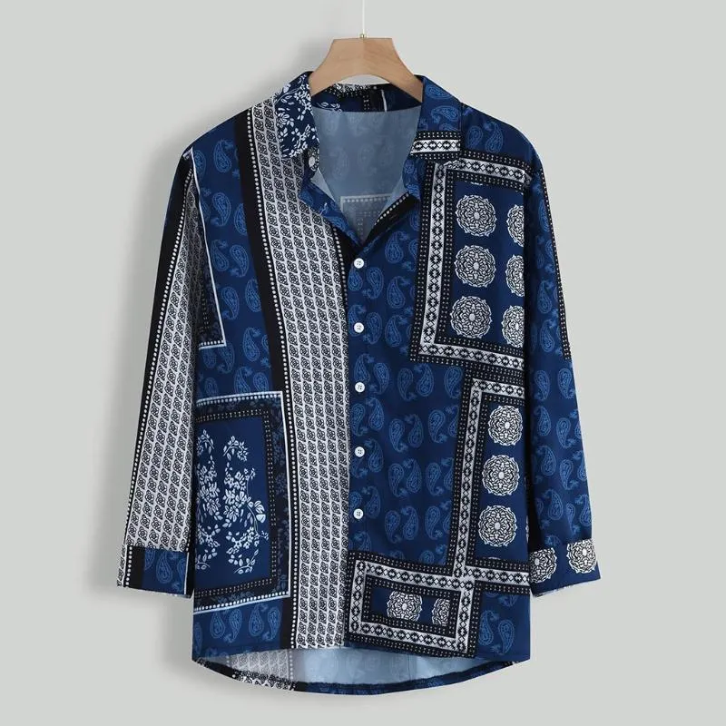 Men Fashion Button Up Retro Shirts Mens Vintage Ethnic Style Printing Loose Long Sleeve Turn Down-Collar Top Shirt Men's Casual