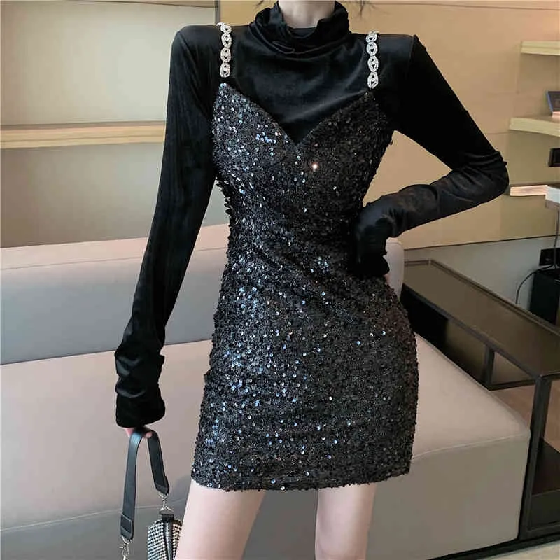 Sequined Stylish 2 piece set Women Spring Autumn shimmering sling dress High-Necked bottom T shirt And Sleeve Dresses 851A 210420
