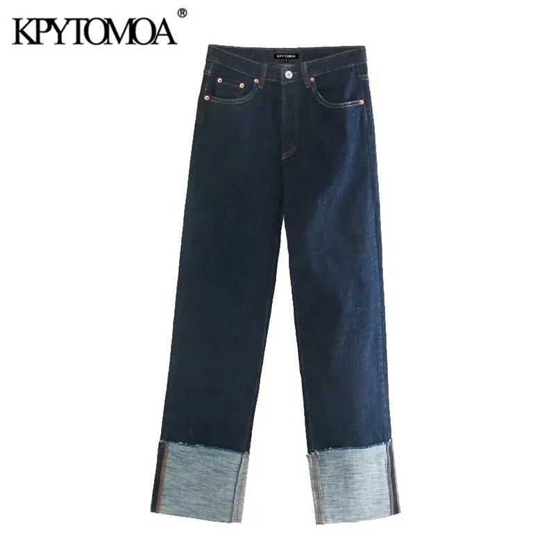 Kvinnor Chic Fashion Folded Up Wide Leg Jeans High Waist Zipper Fly Denim Kvinna Byxor Mujer 210420