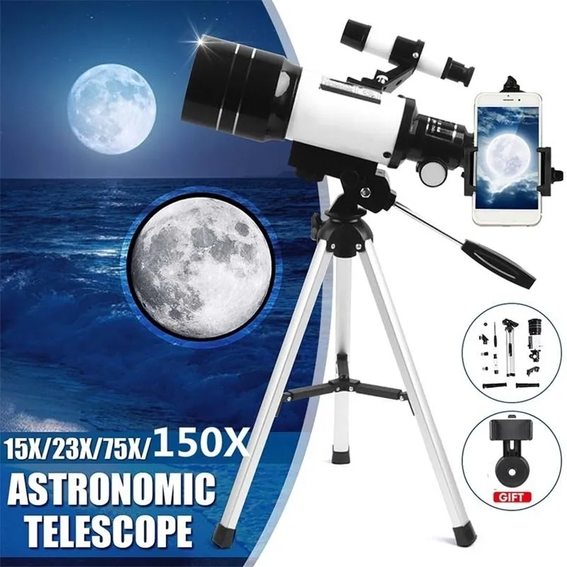 150X astronomiskt teleskop med bärbart stativ Refractive Space Monocular Zoom Spotscope för att titta på Moon Star 220225