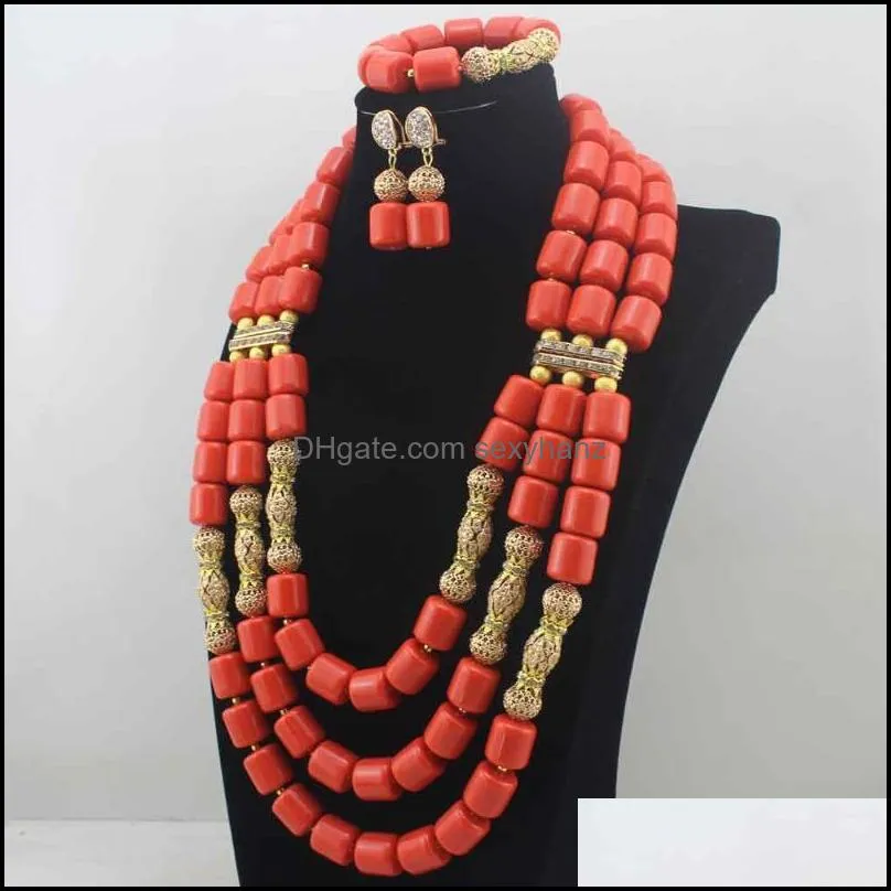 Earrings & Necklace Artificial Coral Beads Bridal Jewelry Set Dubai African Wedding Women Costume E0085