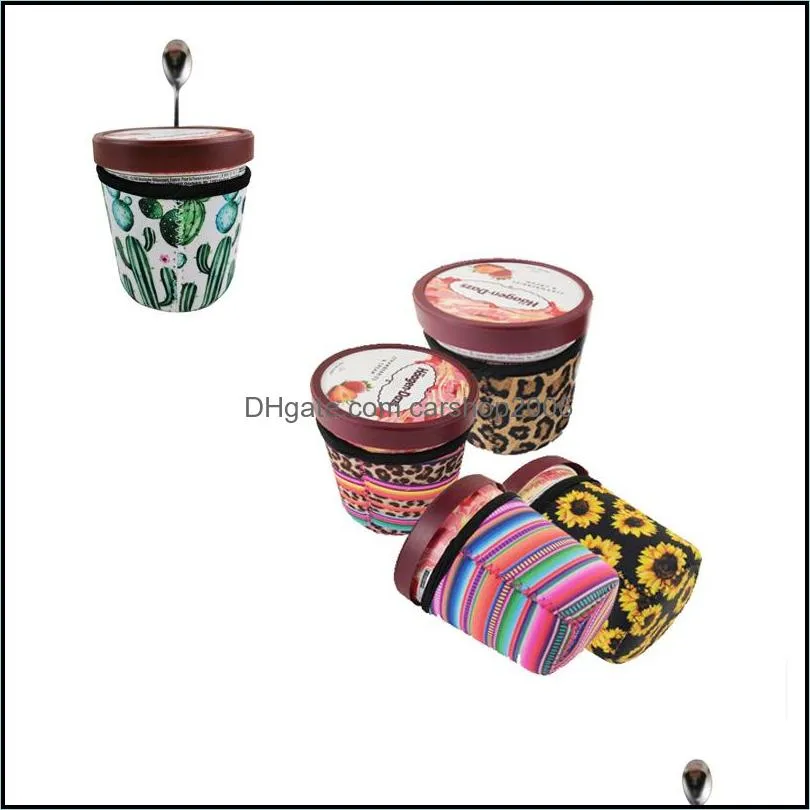 Neoprene Ice Cream Cover Case Leopard Sunflower Cactus Print Can Cooler Covers Ice Cream Holder Pouch Tools HWE7259