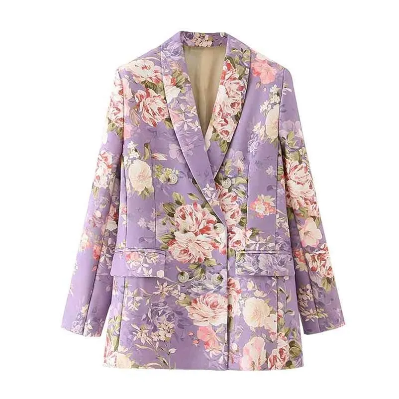 elegant women chrysanthemum printing purple blazer fashion ladies pocket jackets casual female chic slim suits 210527