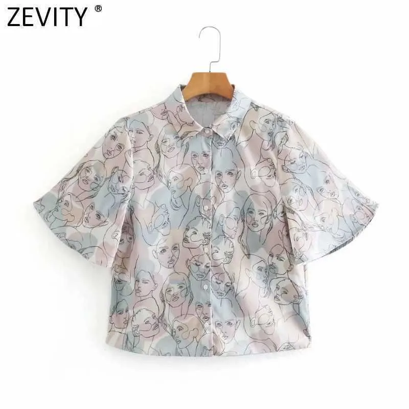 Zeefity Dames Mode Abstract Portret Print Breasted Blouse Office Lady Flare Sleeve Casual Shirts Chic Chemise Tops LS9135 210603