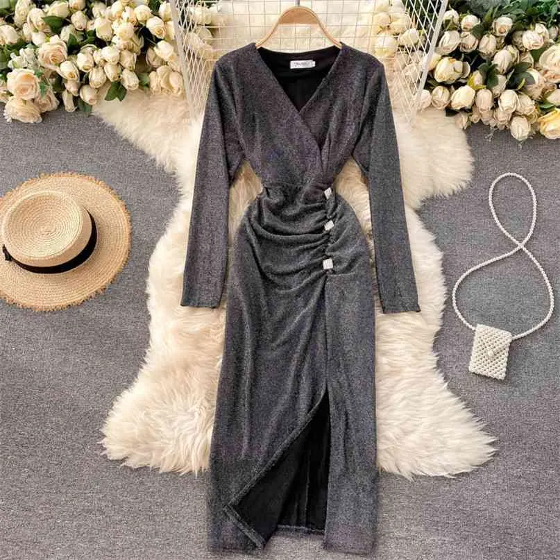 Lady Moda Jesień V-Neck Wrinkle Slim Split Dress Kobiety Z Długim Rękawem Solid Color Eleganckie Odzież Vestidos P626 210527