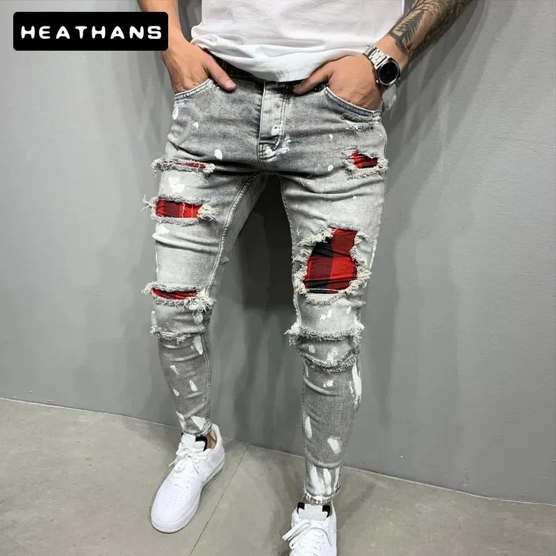 Men Slim-fit Ripped Male Jeans Painted Fashion Patch Beggar Pants Jumbo Mens Pencil Hip Hop Drop