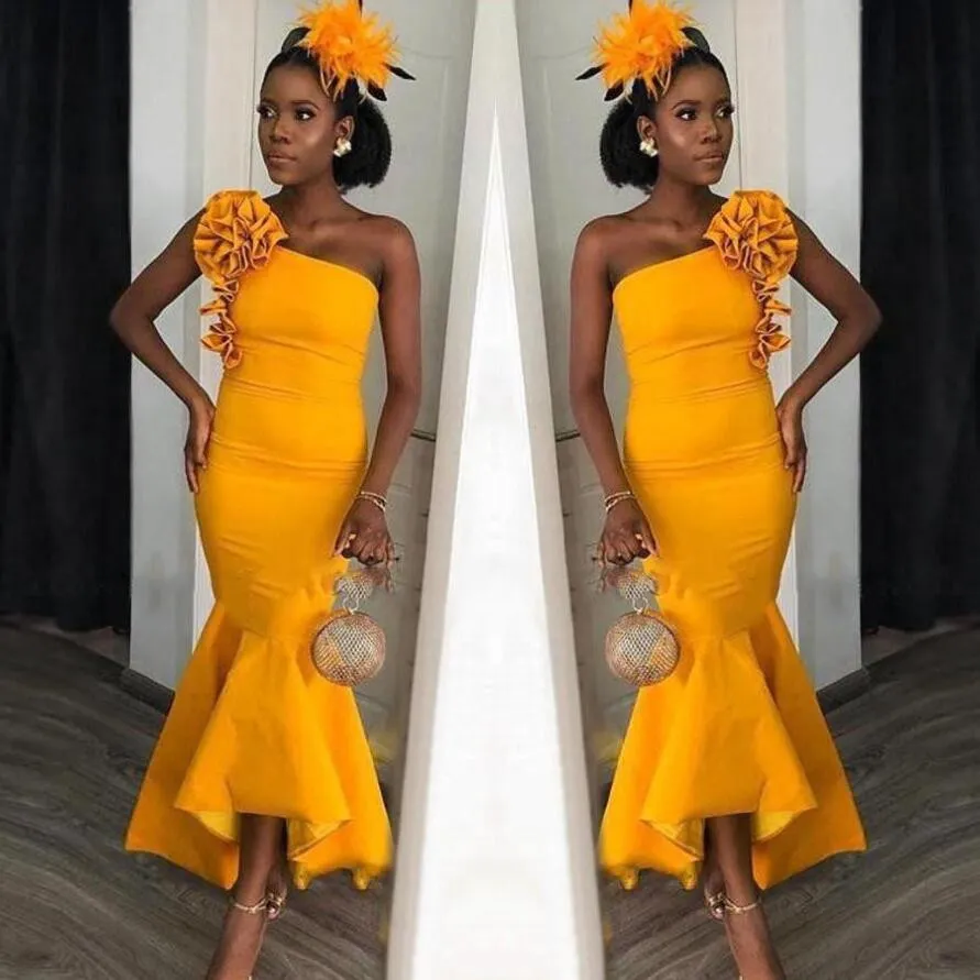 Giallo Hot African African One Spalla Ciao Lo Sirena Abiti da cocktail Abiti Flower Ruffles Breve caviglia Dress Formale Party Wear