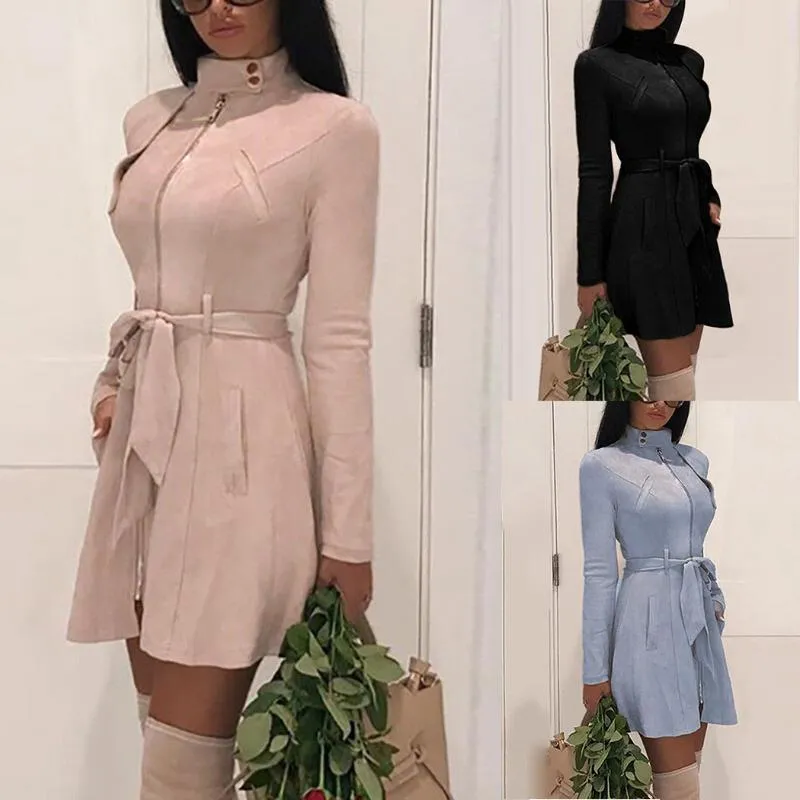 Kadın Trençkotlar Kadın Sonbahar Kış Süet Bayan Ceketler Moda Orta Uzun Dış Giyim Esneklik Düz Renk Kemer Ince Üstleri Ceket