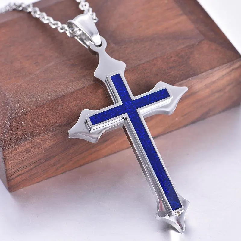 Pendant Necklaces Titanium Steel European And American Fashion Stainless Glue Dropping Blue Cross Trend Necklace Accessories