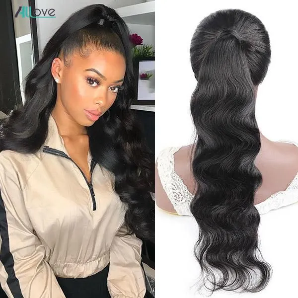 Allove 8-28inch Water Body Wave Human Hair Wefts Pony Tail Yaki Straight Afro Kinky Curly JC Ponytail for Women Natural Color Black Clip in Hair Extensions