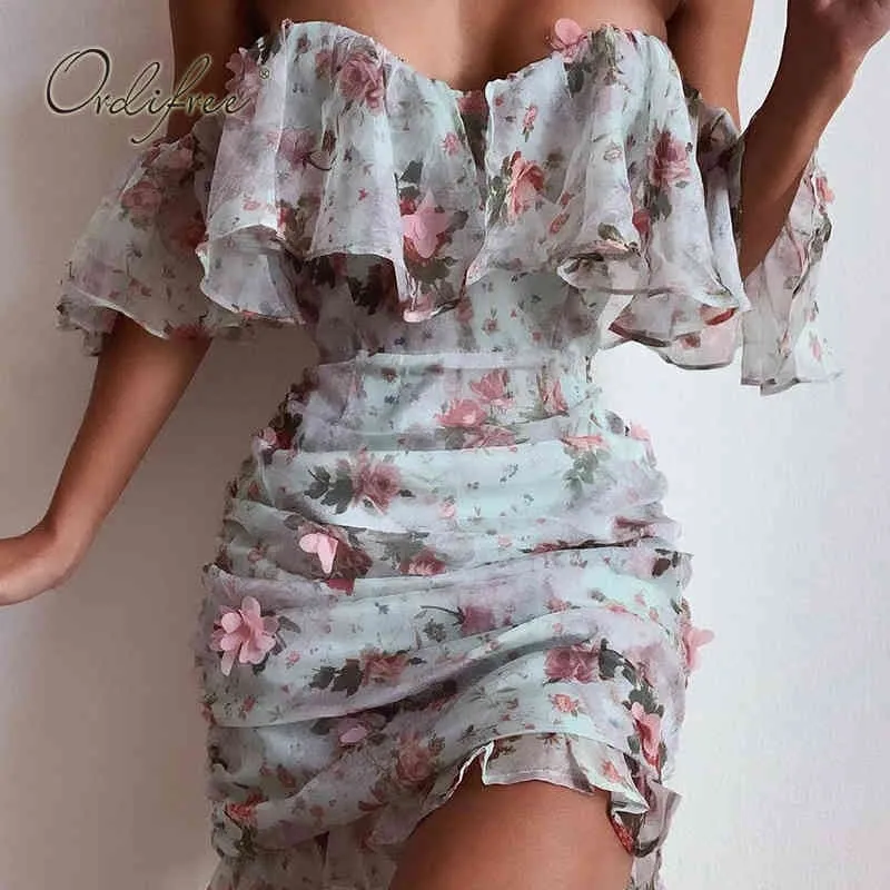 Yaz Kadın Çiçek Kapalı Omuz Seksi Bodycon Fırfır Mini Elbise 210415