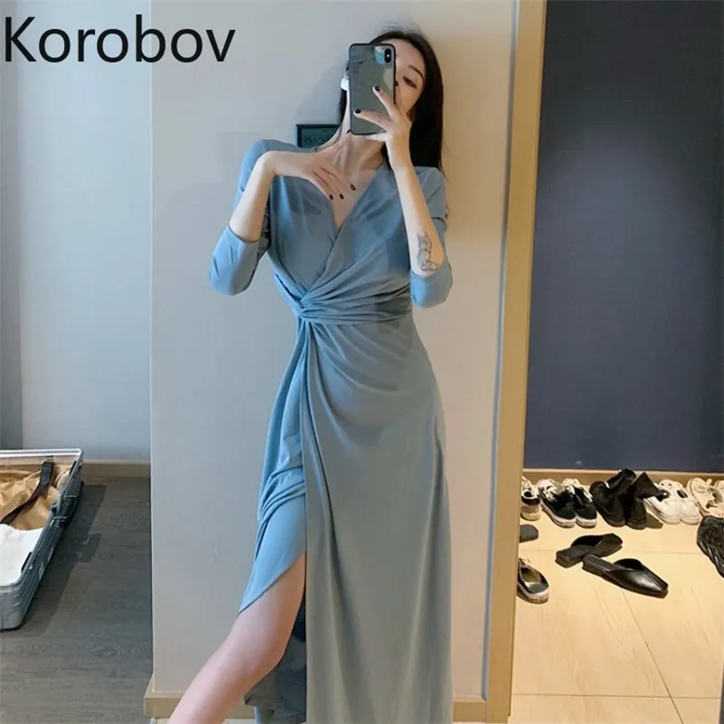 Korobov Wysoka talia Hip boczna konstrukcja Cross Clownny Dress V Neck Tie Długi Rękaw Vestido Spring New Temperament Ropa 2A863 210430