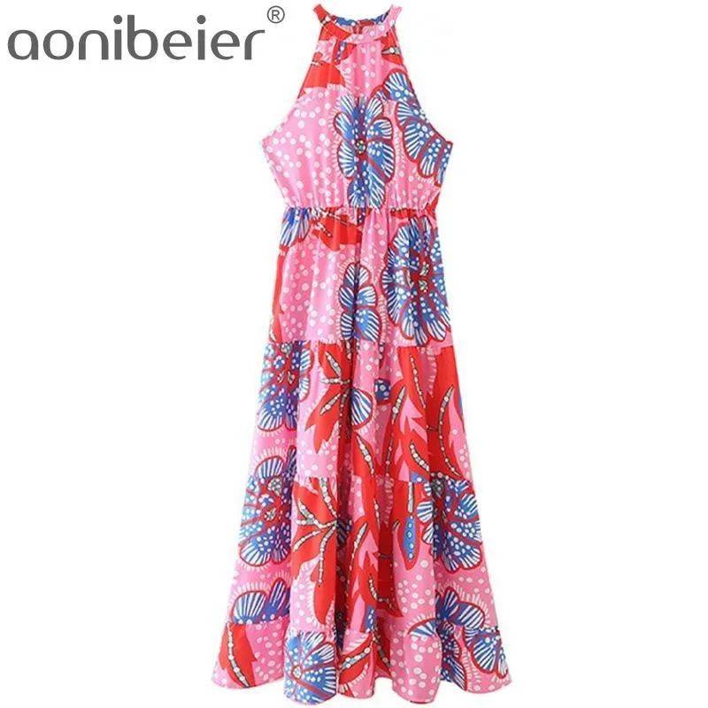 Dot Flowers Print Ankle Length Ruffles Tiered Dress Summer Sleeveless Halter Neck High Waist Women Maxi Female 210604