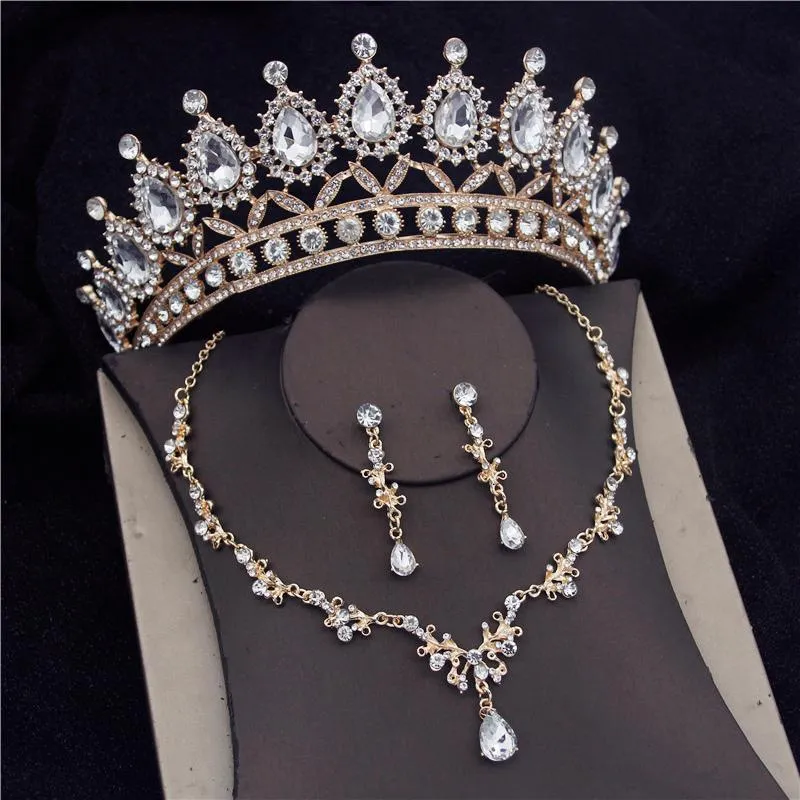 Baroque Pink Crown Bridal Jewelry Set Quinceanera Necklace And