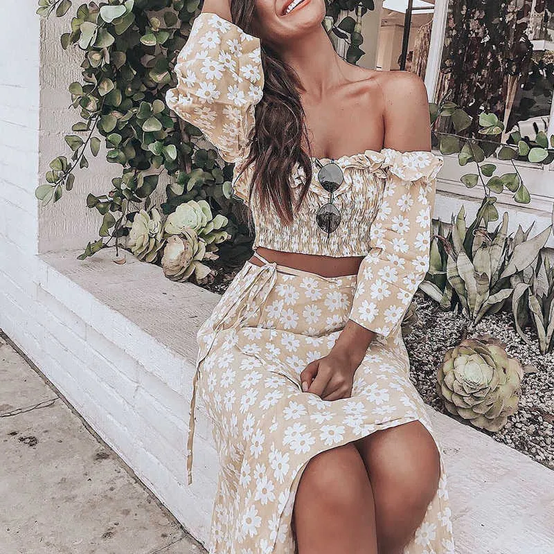 Sexy Floral Print Beach Dress Women Off Shoulder Dresses Two Piece Suit Elegant Ruffle Summer Ladies Party Dress 210712