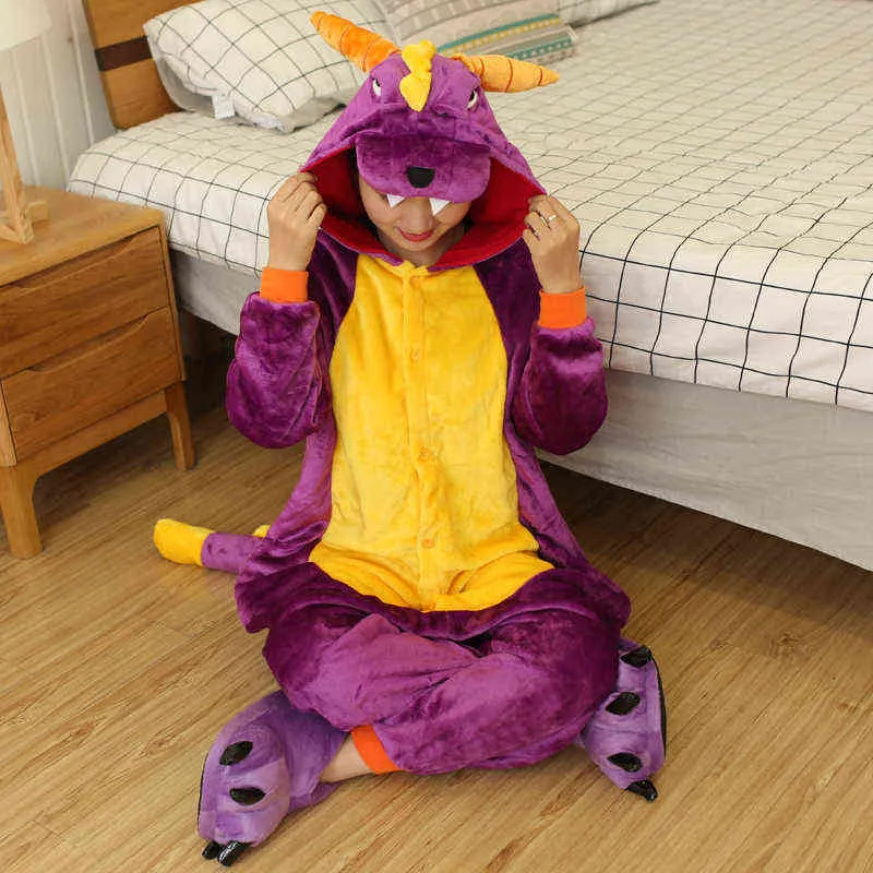 Tutina Spyro Dragon Sleepwear Donna Bambina Unisex Animal Pigiama Inverno Caldo Tuta da notte Coppia Tuta morbida Flanella Cute Stitch 211109