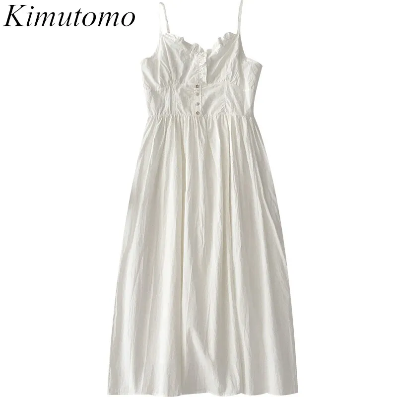 Kimutomo verano sólido blanco vestidos mujeres estilo coreano elegante moda mujer correa de espagueti alta cintura Vestido 210521