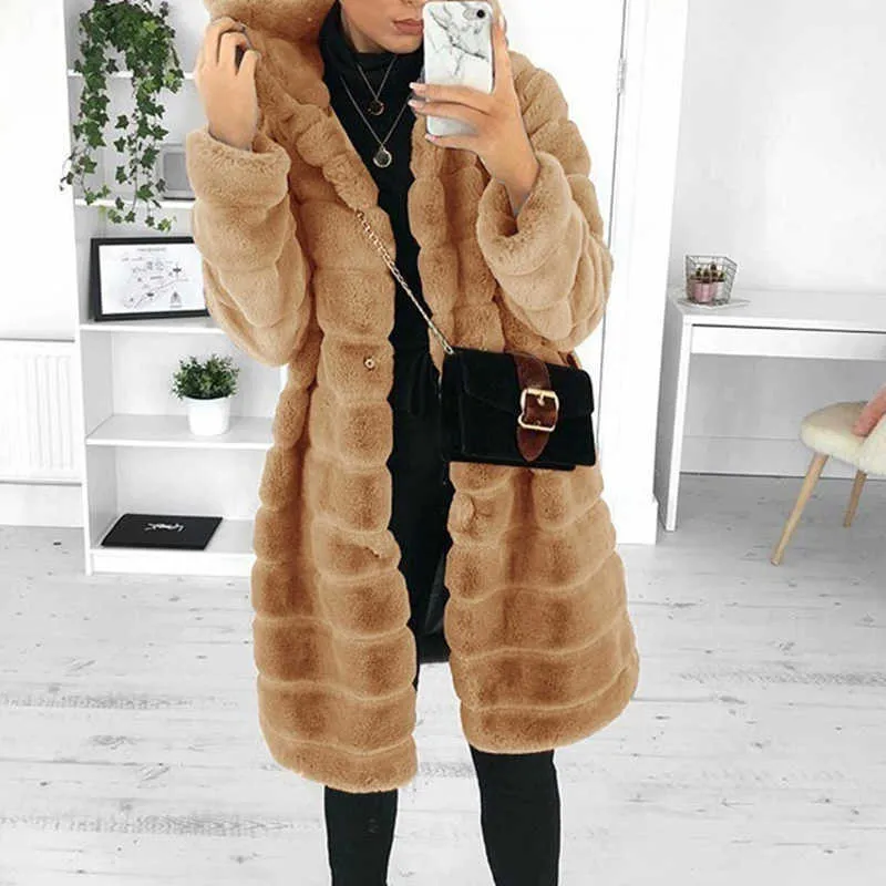 Nowa Moda Kobiety Faux Futro Długie Kapturem Płaszcz Jesień Zima Gruba Ciepła Fur Kurtka Kobieta Plus Rozmiar Outdoor Płaszcz Dorywczo Outwear Y0829