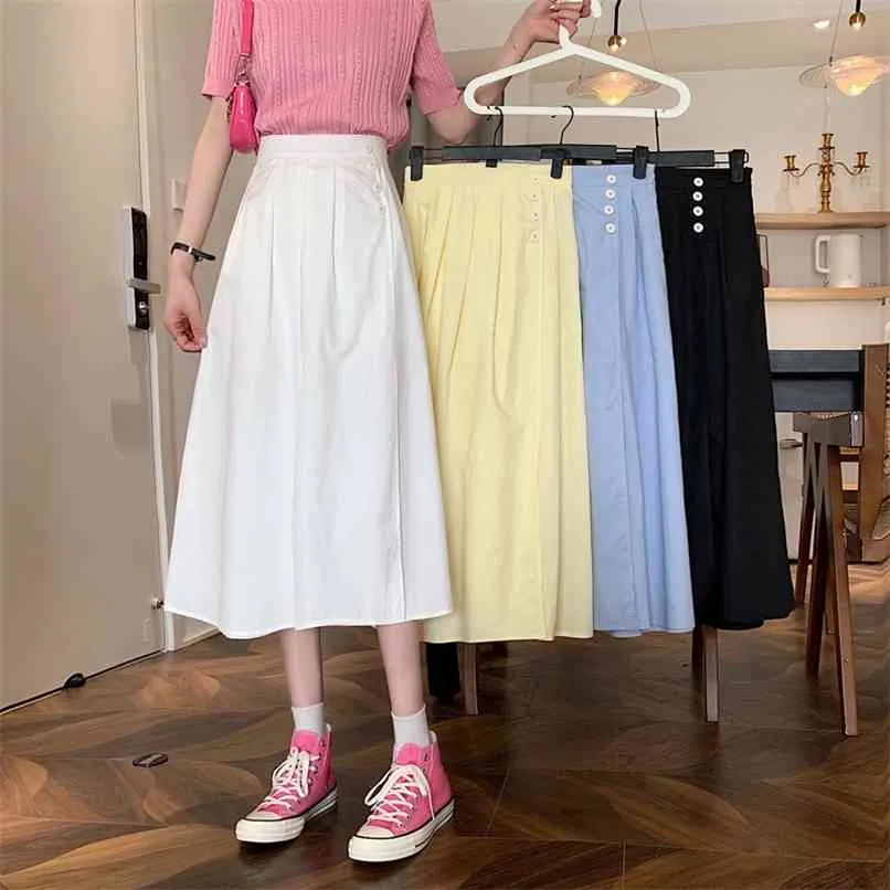 Sommar solid pläterad kjol hög midja knappar gul blå vit långa kjolar kvinnor koreanska casual vilda a-line streetwear 210529