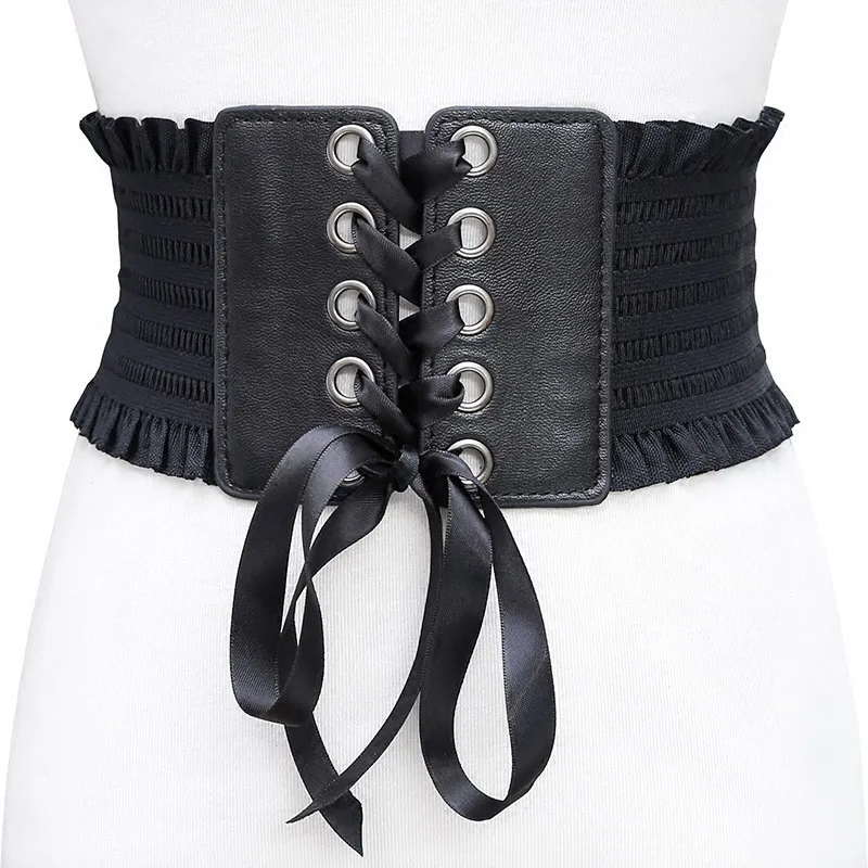 Wide Lace-Up Tassel Waist Belt - Black Wide Black Leather Lace Belt, Tie up Corset Belt With  main image 2