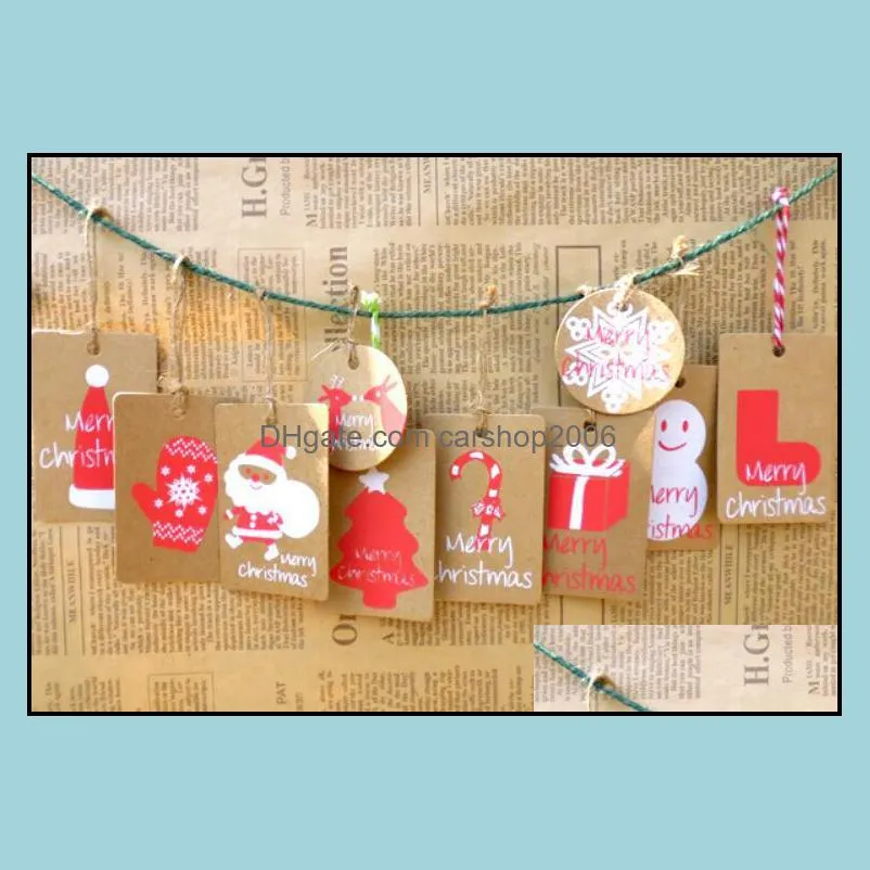 Juldekorationer Festligt partiförsörjning Hem Trädgård 50 st / Lot Merry Gift Kraft Papper Taggar Santa Claus Hang Tag Snowflake Tree Decor