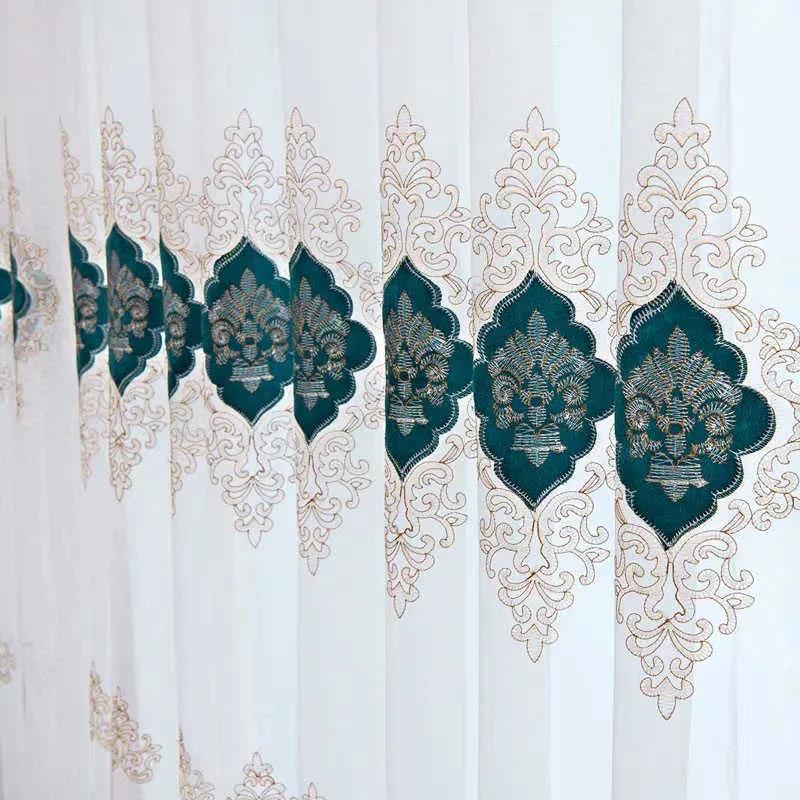 寝室のリビングルームガーゼカーテンシアーのためのヨーロッパのスタイルのベルベットの刺繍入りキッチン窓スクリーン210712