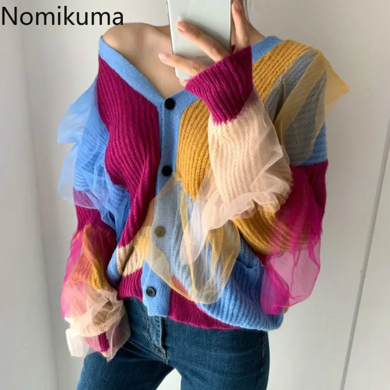 Nomikuma Mesh Ruffle Patchwork Sweater Coat Causal V-neck Hit Color Knitted Cardigan Autumn Winter Korean Knitwear 6D266 210427