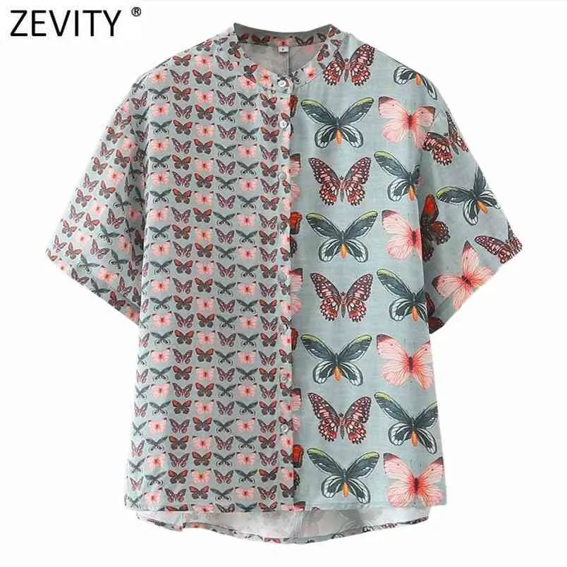 Women Vintage Butterfly Patchwork Print Casual Blouse Office Lady Short Sleeve Summer Shirt Chic Chemise Tops LS9138 210420