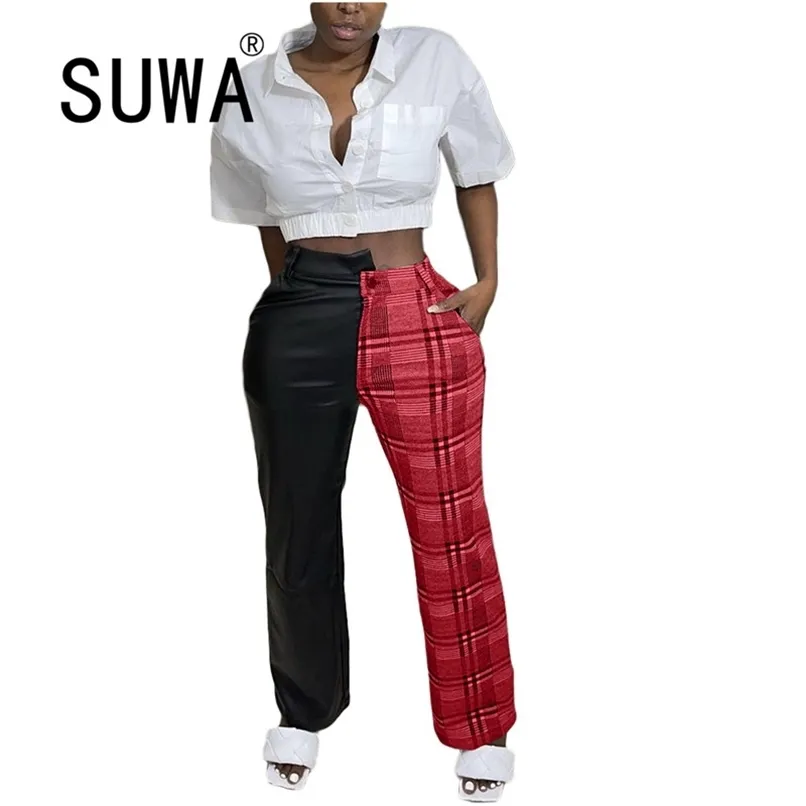 チェックされた格子縞のジョガーのズボン伸縮性の高い腰のパッチワークのズボンの女性のストリートウェアファッションレディースボトムスオフィスウェア210525