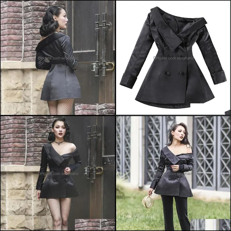 Womens Jackets Outerwear & Coats Clothing Apparel Retro 50S60S Tops Jacket Spring/Autumn Black Satin Sexy Off Shoder Double-Breasted Long Sl