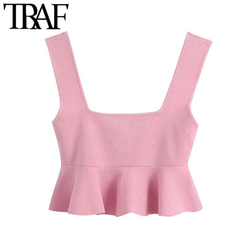 Traf Femmes Sweet Fashion Ruffled Cropped Blouses tricotées Vintage Col carré Sans manches Bretelles Femme Chemises Chic Top 210415