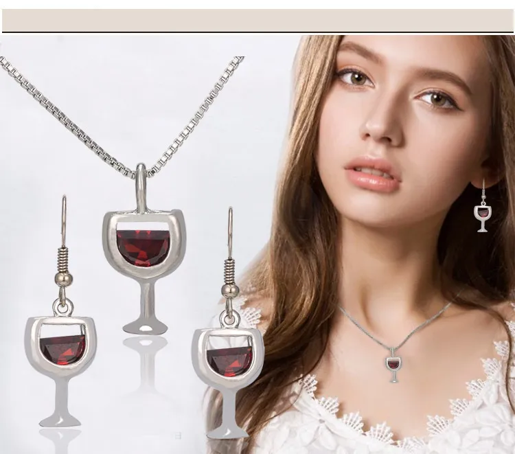 European American Fashion Jewelry High-Grade Zircon Wine Glass Earrings Necklace Set Alloy Ornaments Ladies Wedding Party Accessories Gifts