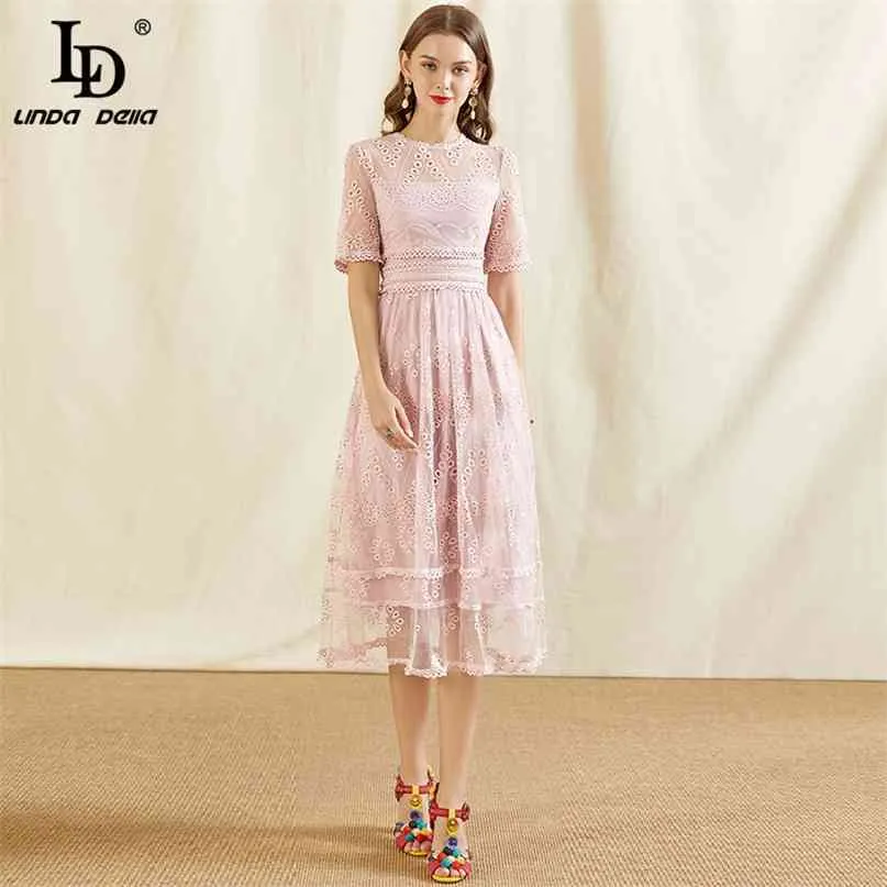 Fashion Runway Summer Dress Kvinnor O-Neck Broderi Hollow Out Mesh Midi Ladies Party Sweet Pink ES 210522